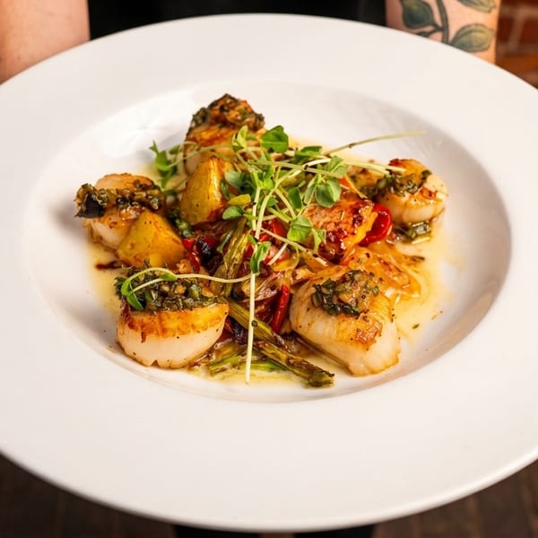 Seared scallops with green herbs, vegetables, and sauce on a white plate held by a server.