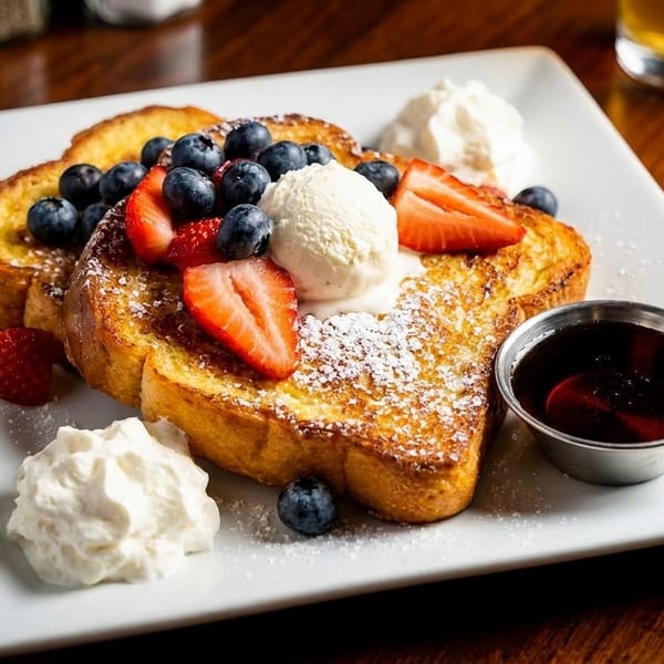 Golden French toast topped with strawberries, blueberries, whipped cream, and a scoop of ice cream.