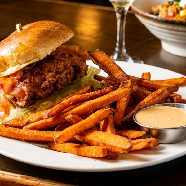 Crispy fried chicken sandwich with bacon, lettuce, sweet potato fries, and dipping sauce.