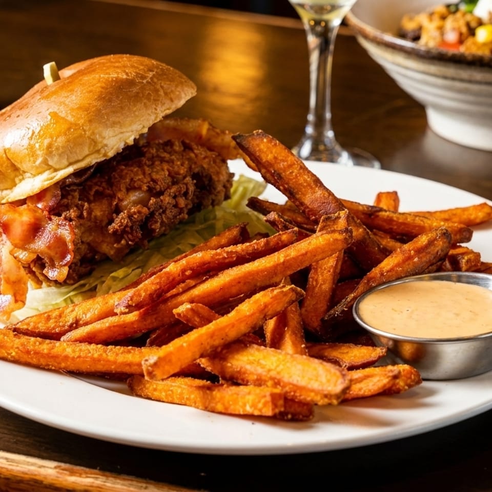 Crispy fried chicken sandwich with bacon, lettuce, sweet potato fries, and dipping sauce.