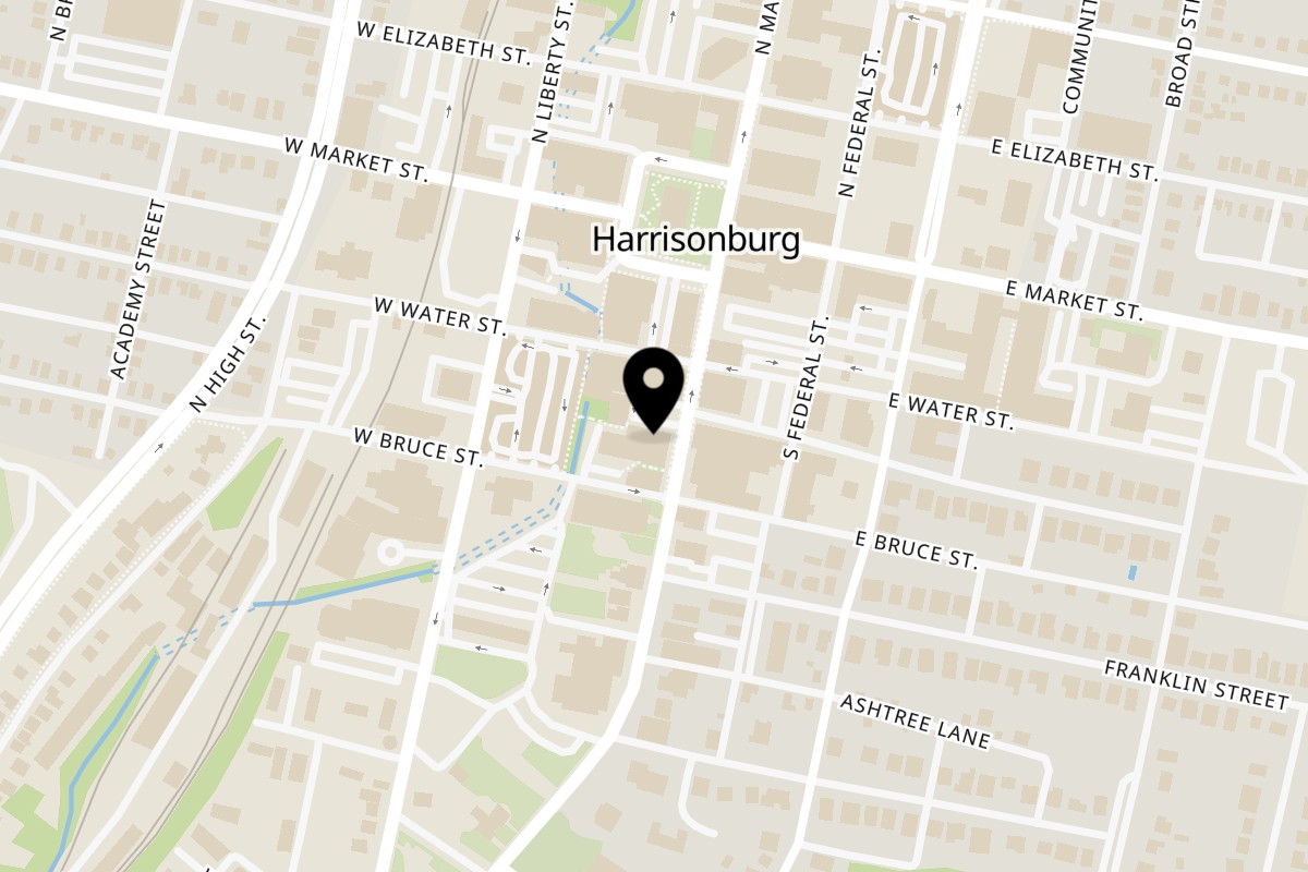 Map showing the location of Clementine Cafe on 153 S Main St in Harrisonburg